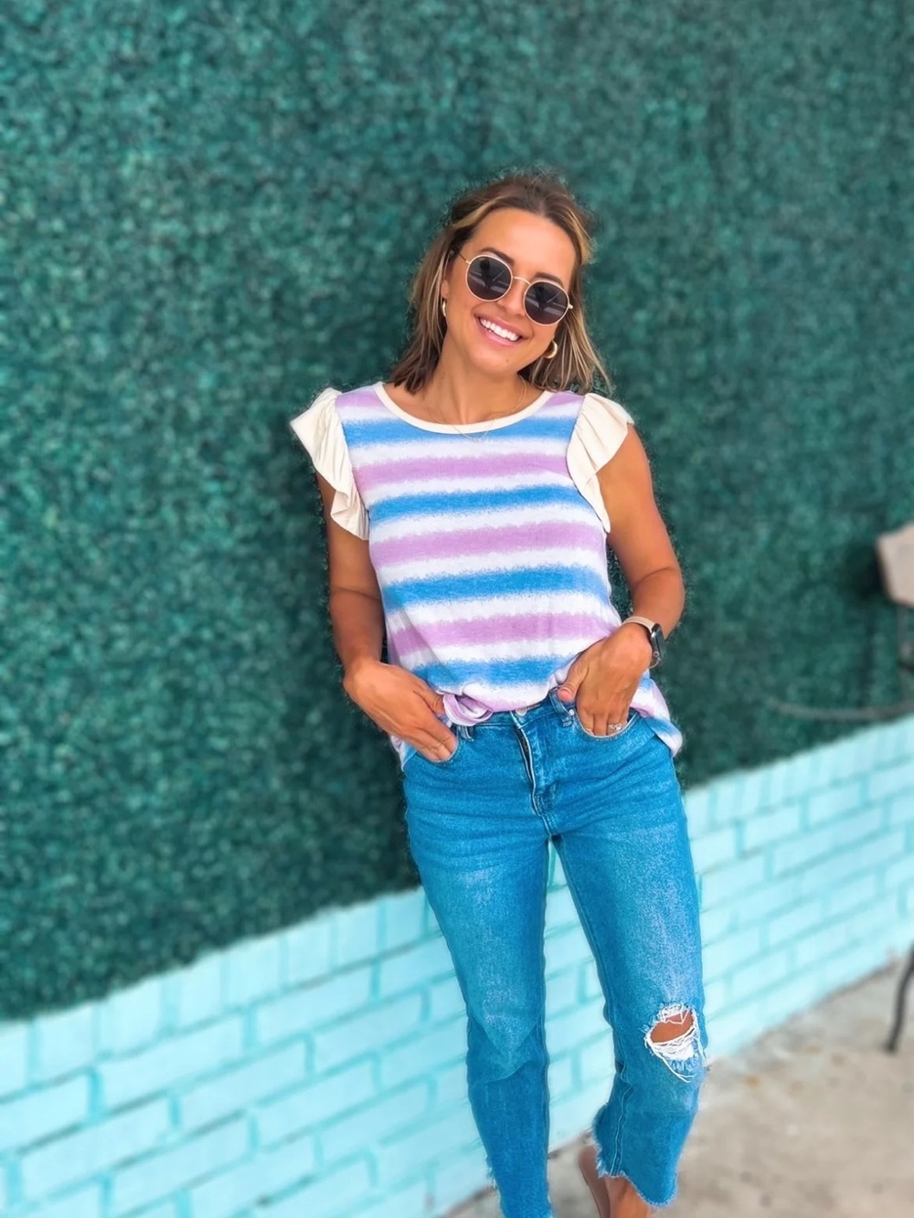 HEIMISH USA Lavender, Blue & White Striped Ruffle-Sleeve Tank